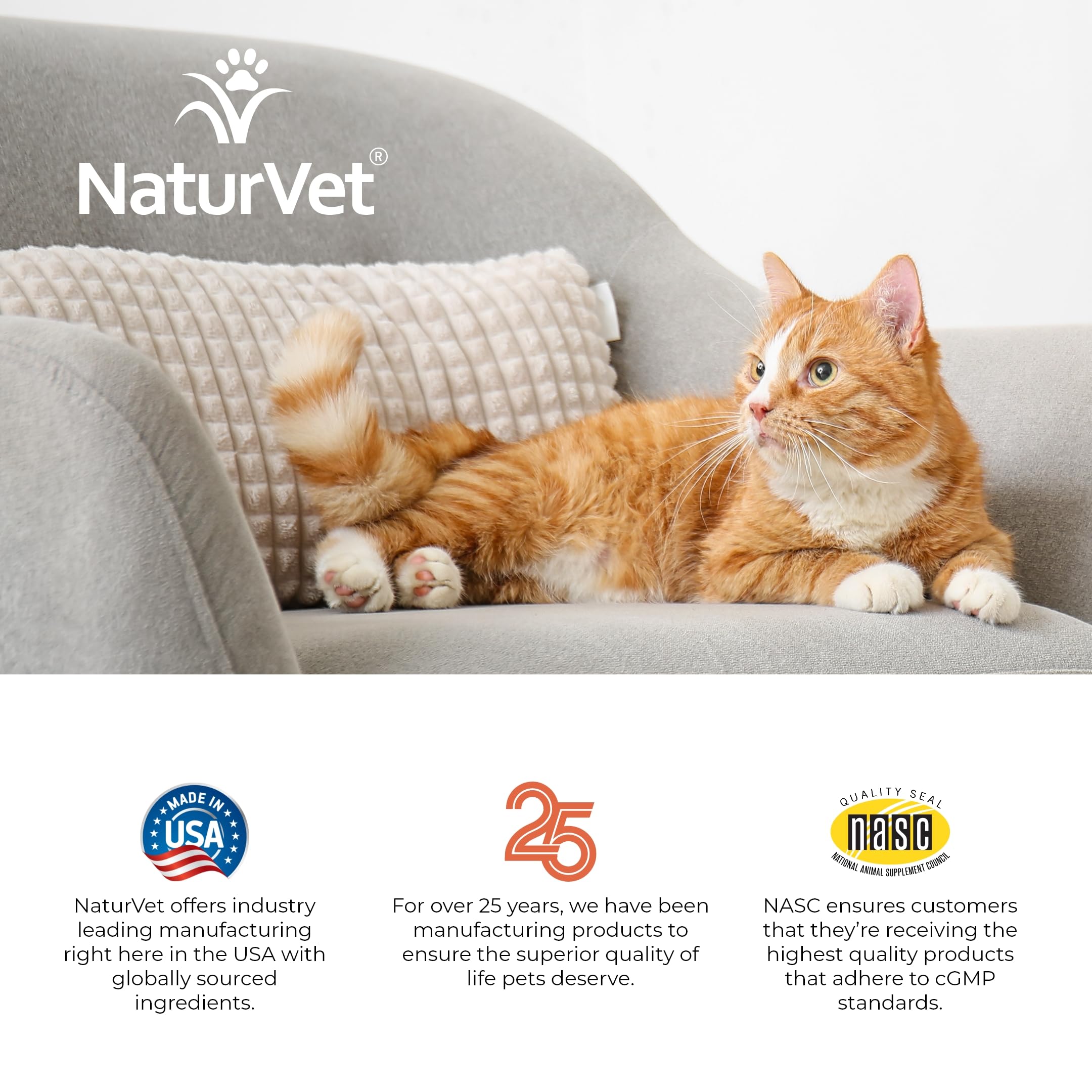 NaturVet VitaPet Senior packaging shows a satisfaction guarantee and reliable dosing.