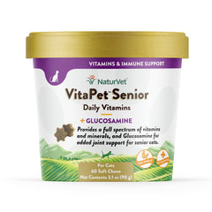 NaturVet VitaPet Senior soft chews closeup offering daily vitamins for aging cats' joints and vitality.
