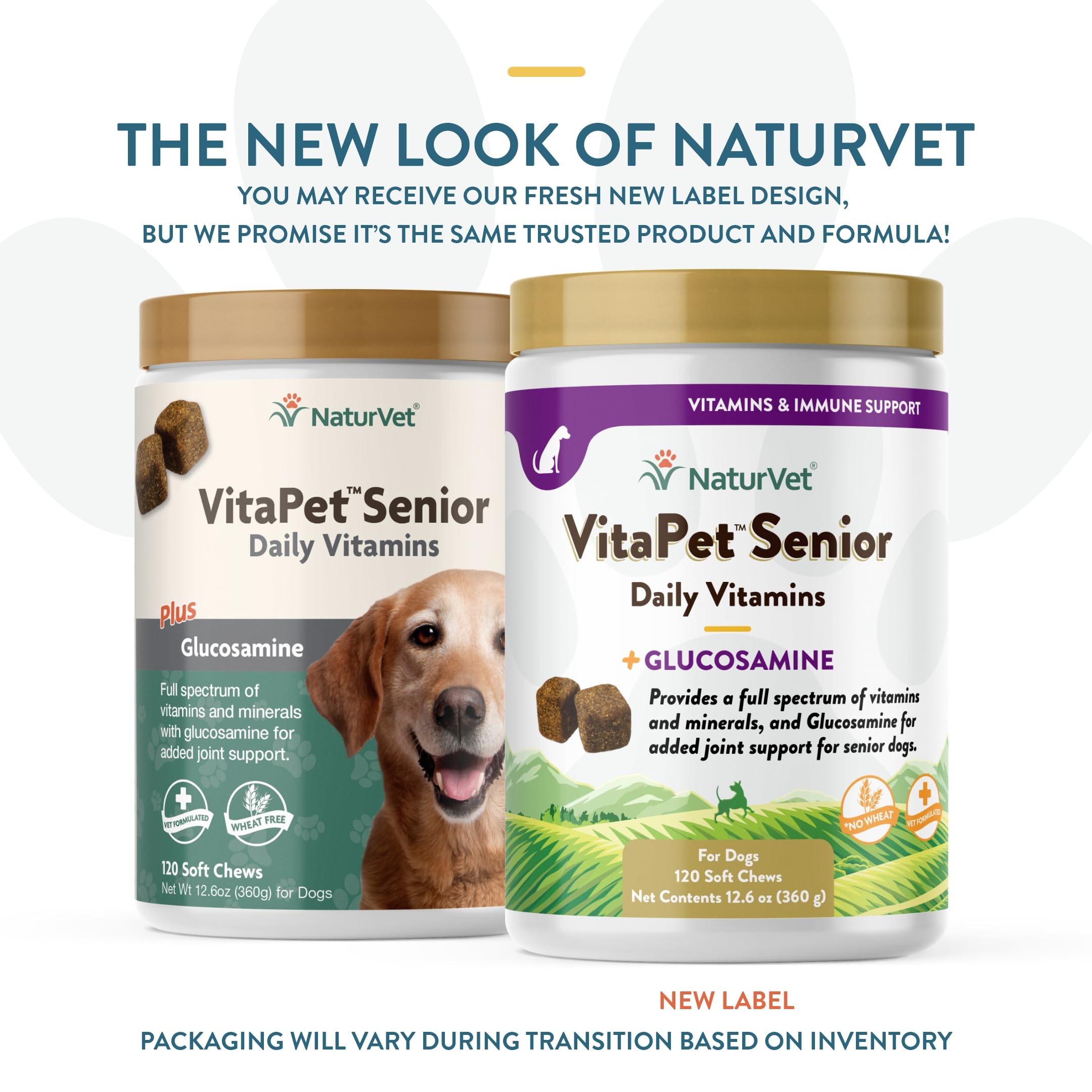 NaturVet VitaPet Senior vitamin-support bottle highlights complete nutrient blend for aging pets.