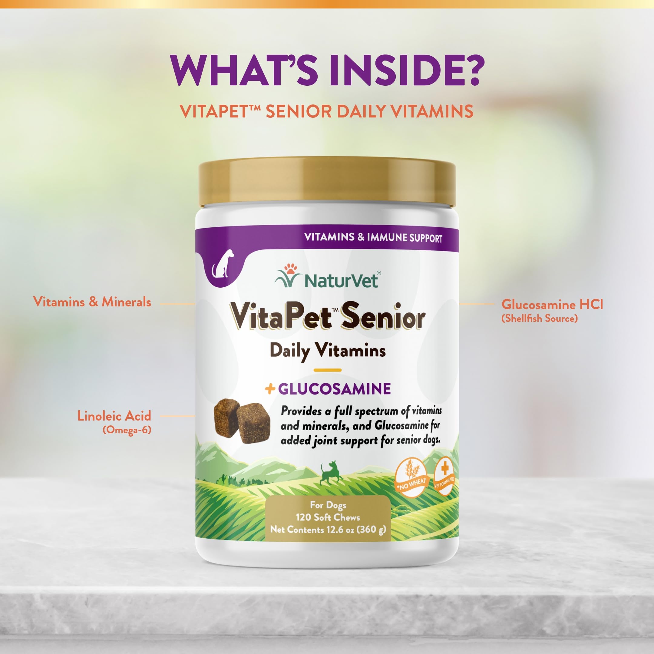NaturVet VitaPet Senior wheat-free soft chews—gentle to sensitive diets.