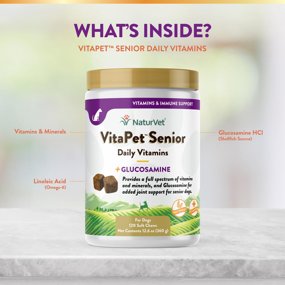 NaturVet VitaPet Senior wheat-free soft chews—gentle to sensitive diets.