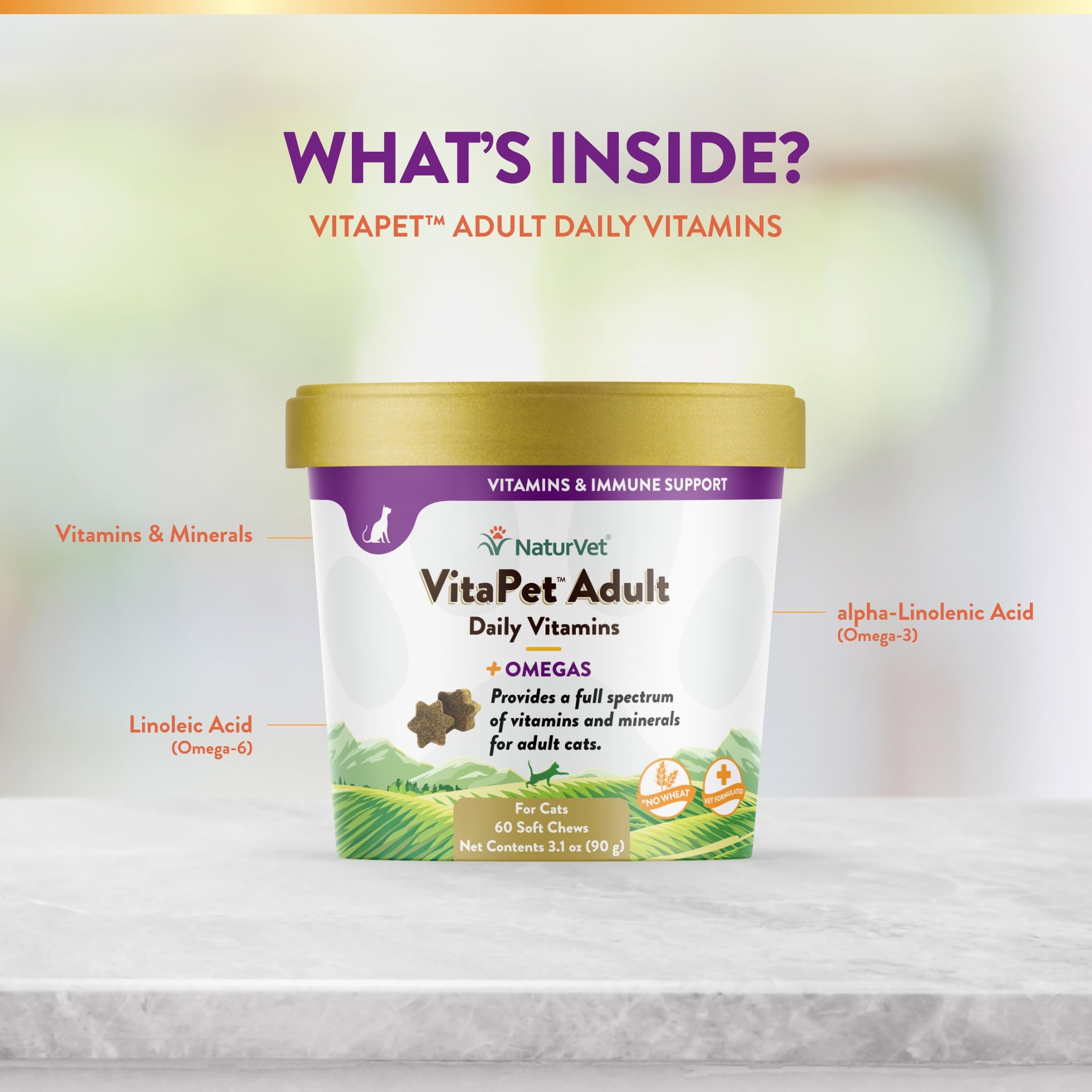 NaturVet VitaPet Senior treats are wheat-free, suitable for cats with sensitivities.