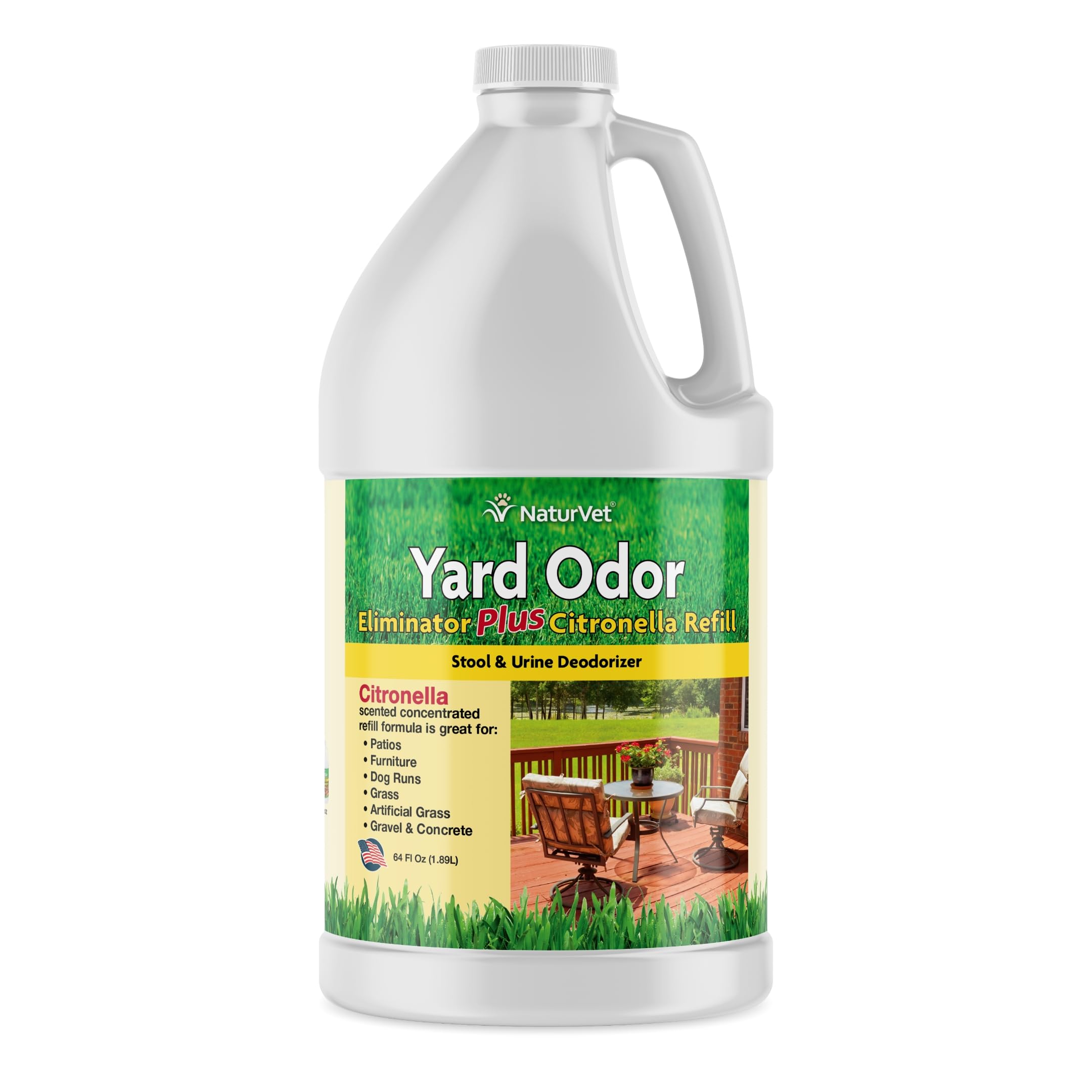 NaturVet Yard Odor Eliminator bottle demonstrates outdoor odor control for lawns