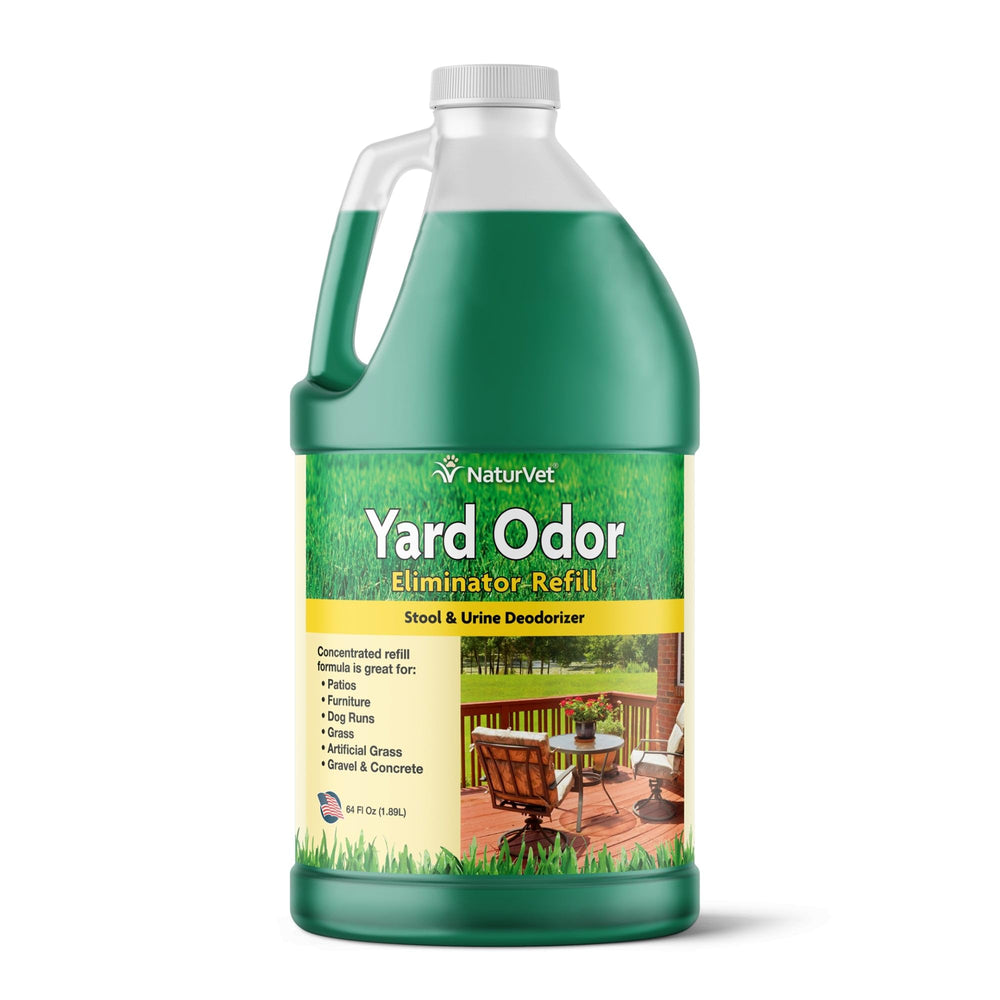 NaturVet yard odor eliminator demonstrates outdoor odor control for grass and patios.