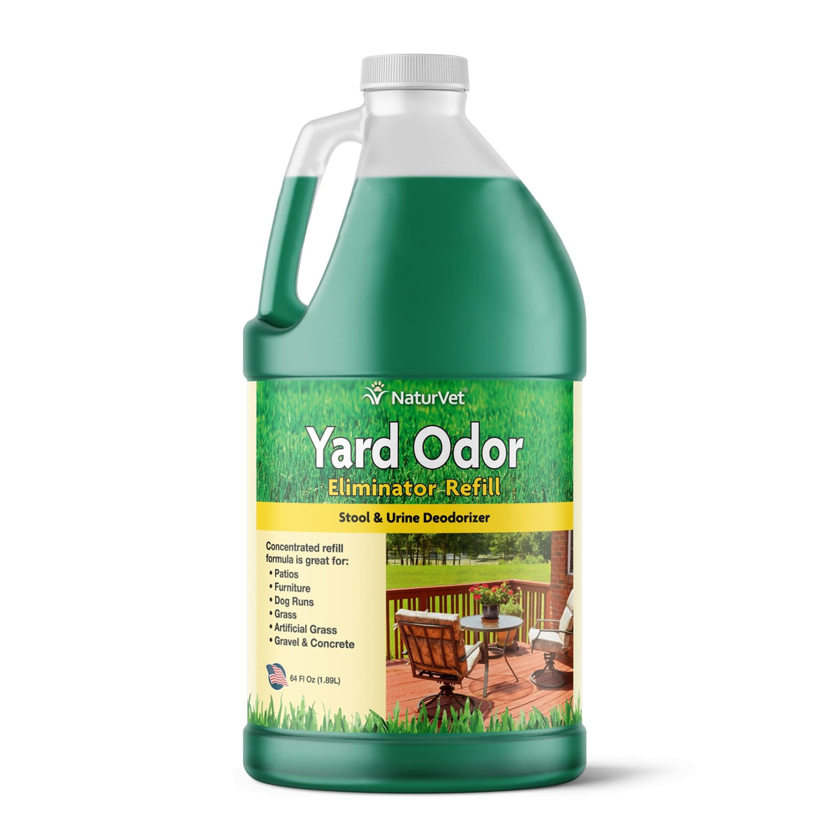 NaturVet yard odor eliminator demonstrates outdoor odor control for grass and patios.