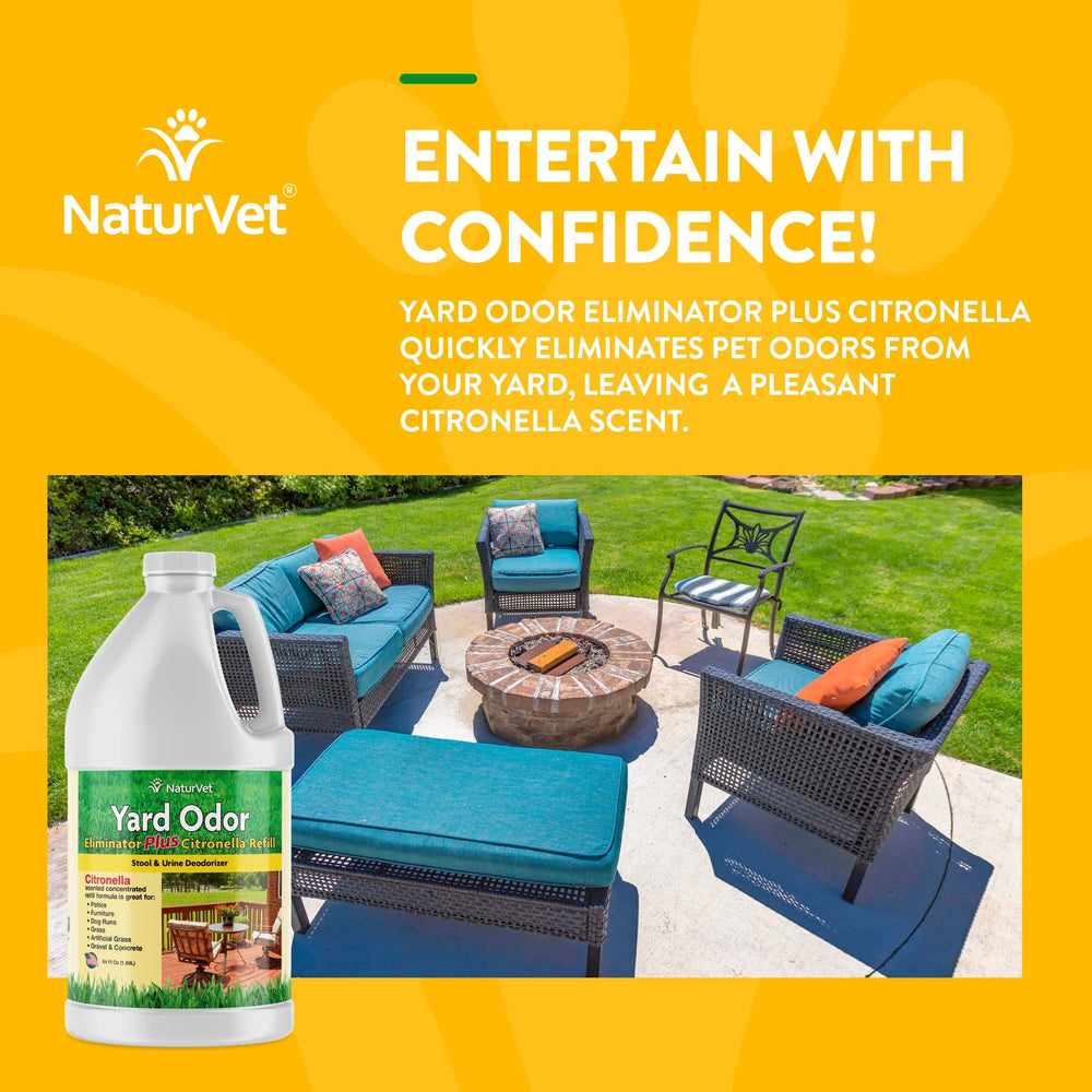 NaturVet Yard Odor Eliminator spraying on patio demonstrates multi-surface use