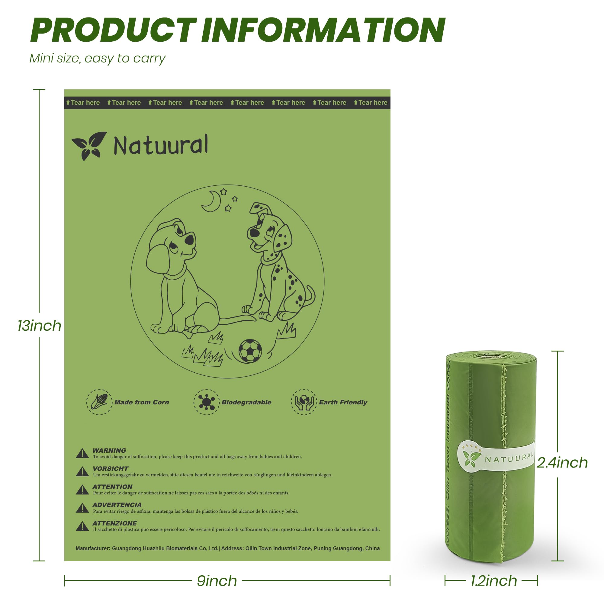 Natuural cornstarch-based poop bags highlight eco-friendly material for responsible pet care.