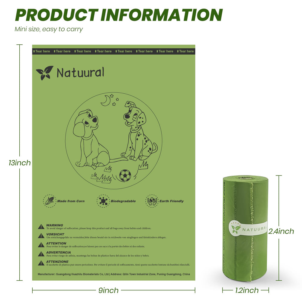 Natuural cornstarch-based poop bags highlight eco-friendly material for responsible pet care.