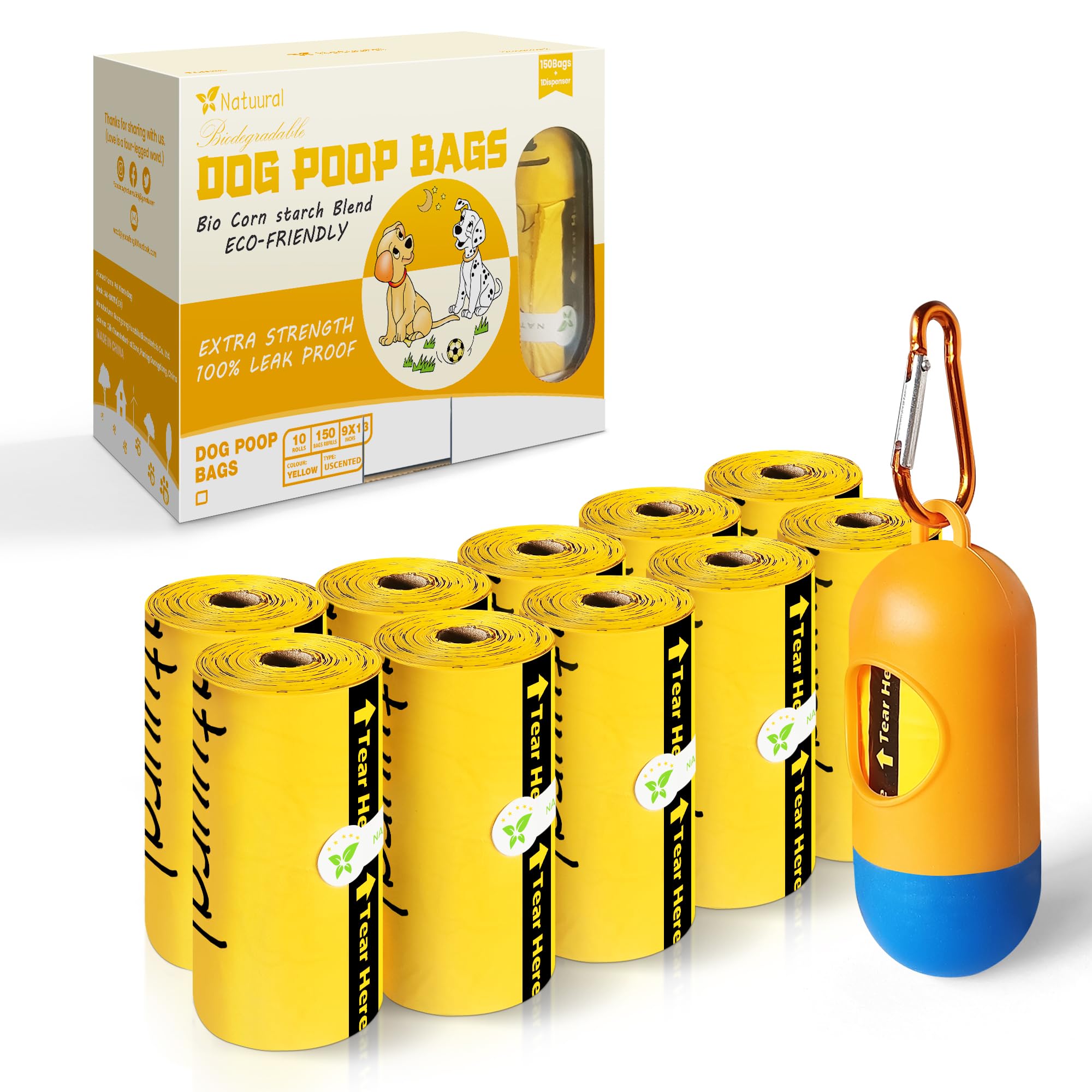 Natuural dog poop bags with holder and yellow dispenser for quick outdoor cleanup