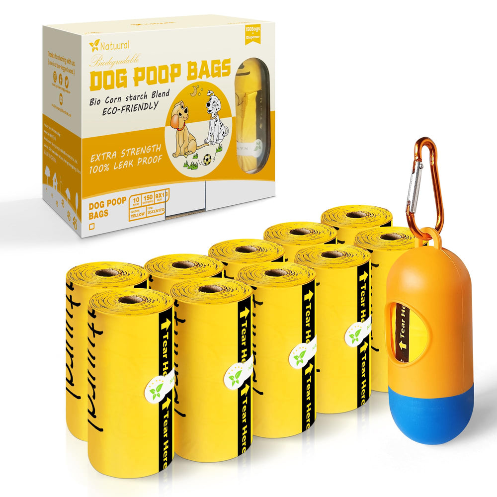 Natuural dog poop bags with holder and yellow dispenser for quick outdoor cleanup
