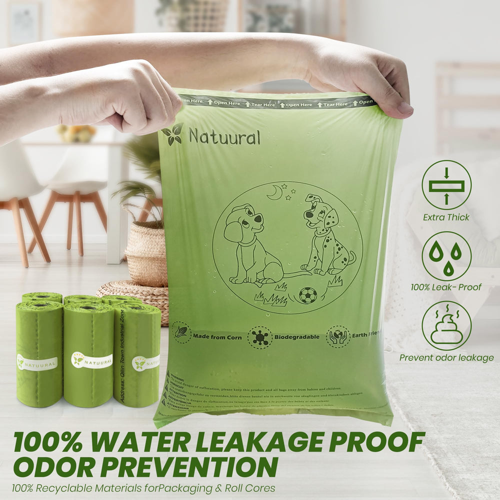 Natuural easy-open poop bags designed for quick use during walks.