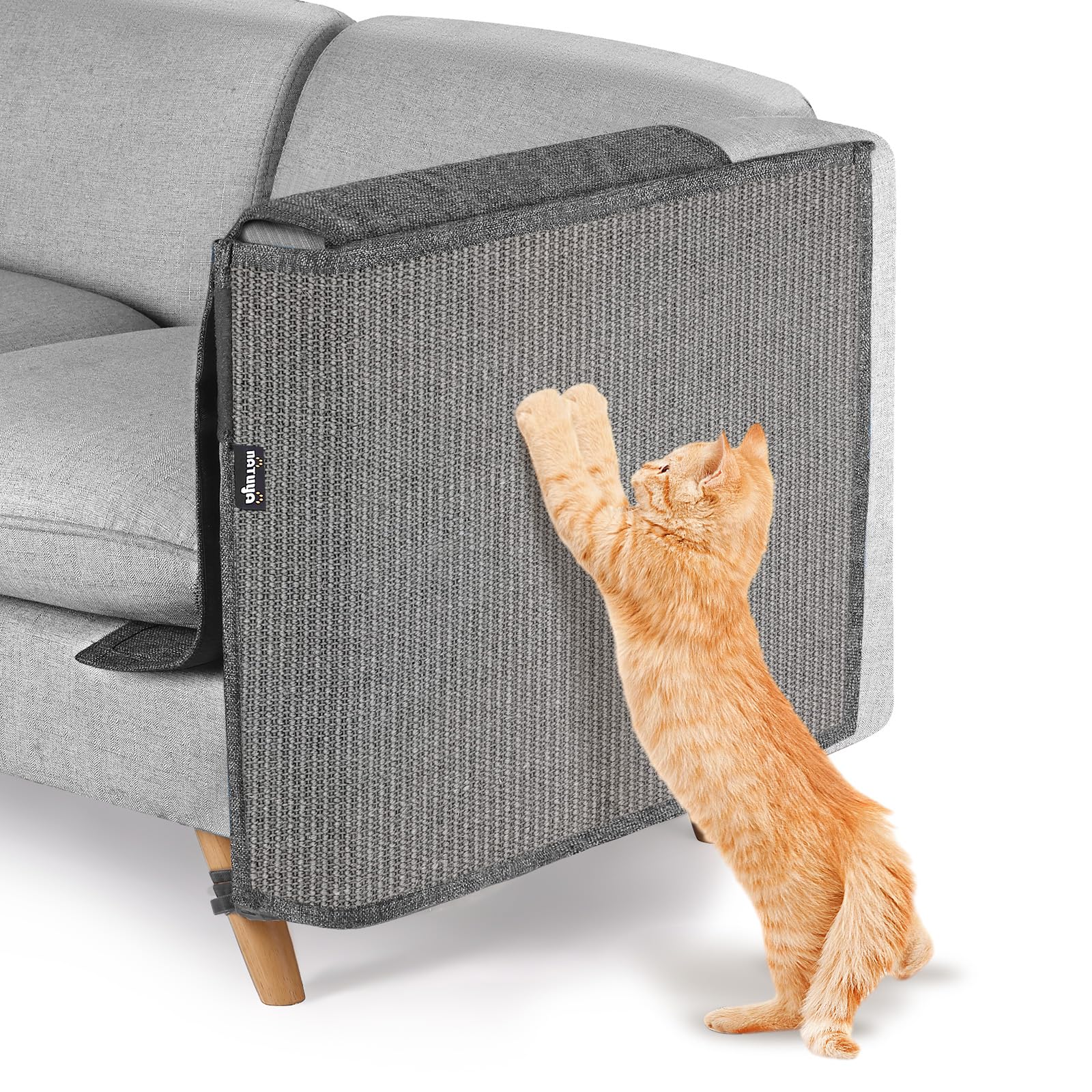 NATUYA Cat Scratch Furniture Couch Protector on left armrest guards sofa from claws.