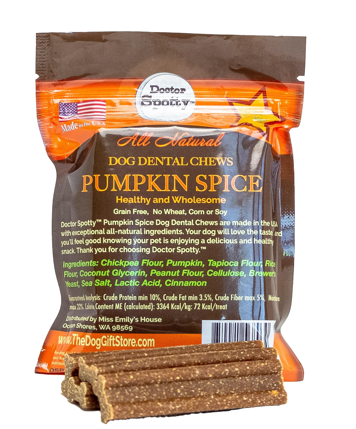 Naughty Spotty Doctor Spotty Dog Dental Chews close-up shows pumpkin spice and grain-free ingredients.