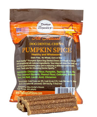 Naughty Spotty Doctor Spotty Dog Dental Chews close-up shows pumpkin spice and grain-free ingredients.