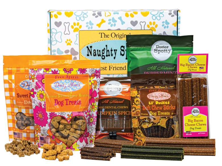 Naughty Spotty Love You Lots Gift Box front view, a colorful package ideal for dog gifting occasions.
