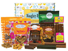 Naughty Spotty Love You Lots Gift Box front view, a colorful package ideal for dog gifting occasions.