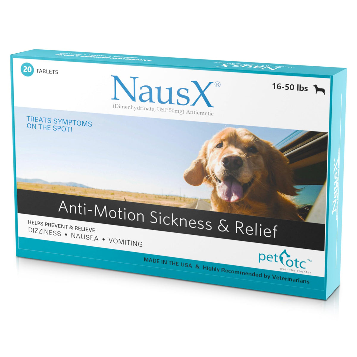NausX anti-motion dogs tablets bottle shows travel relief in action for quick use