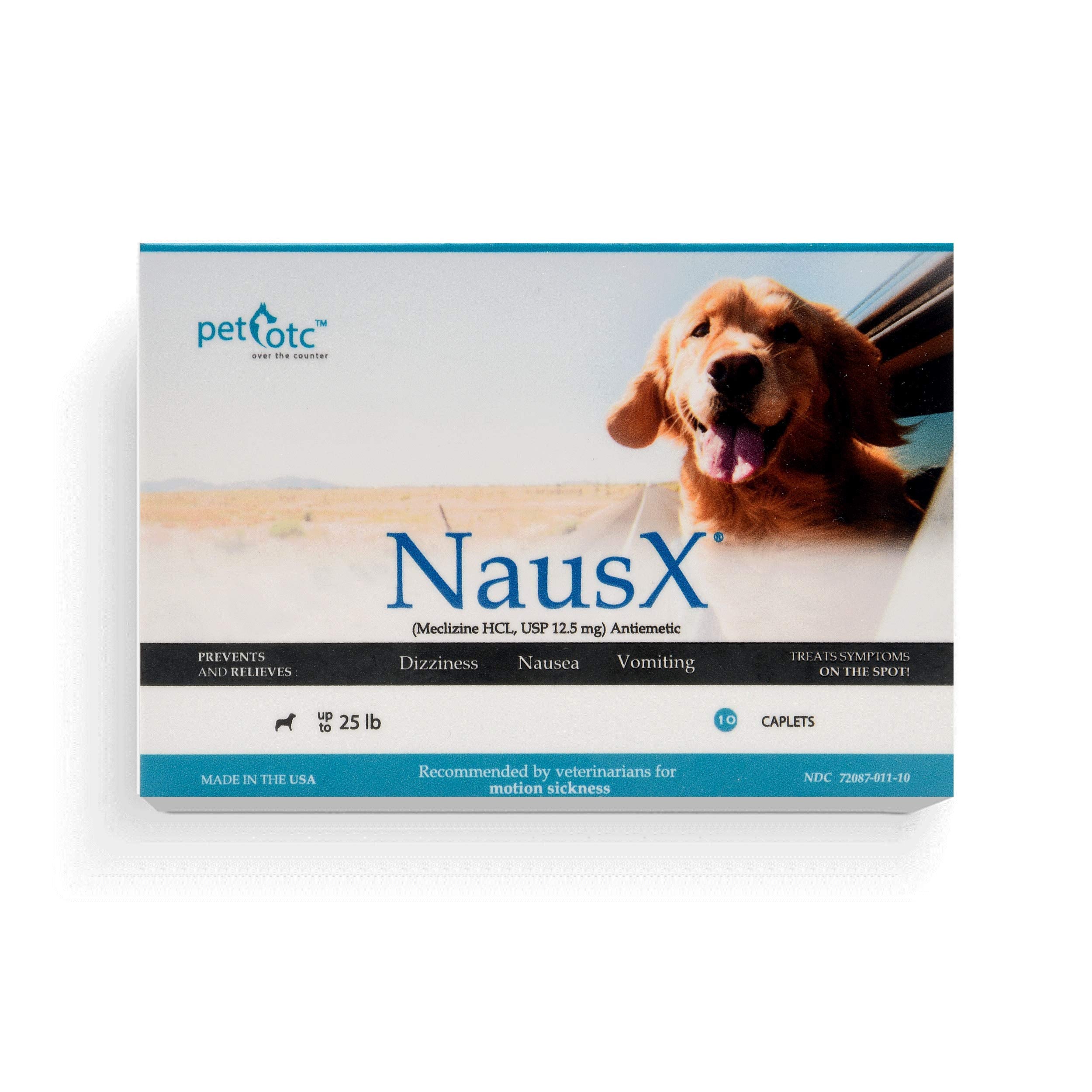 NausX bottle of anti-motion sickness tablets helps small dogs travel comfortably