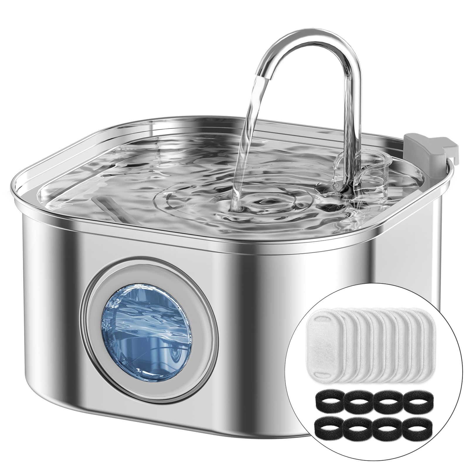 NautyPaws cat water fountain front view in stainless steel for easy cleaning