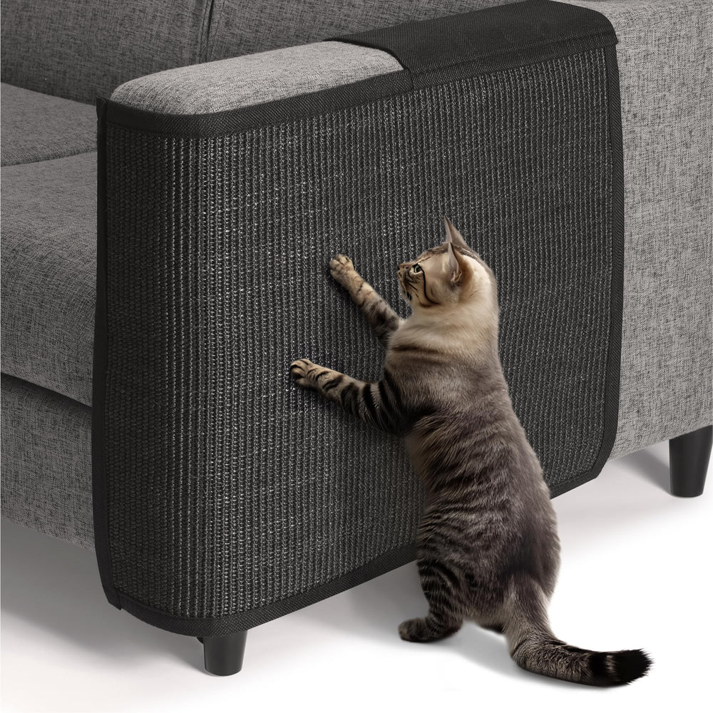 Navaris cat scratch mat on sofa left side protects upholstery while encouraging scratching