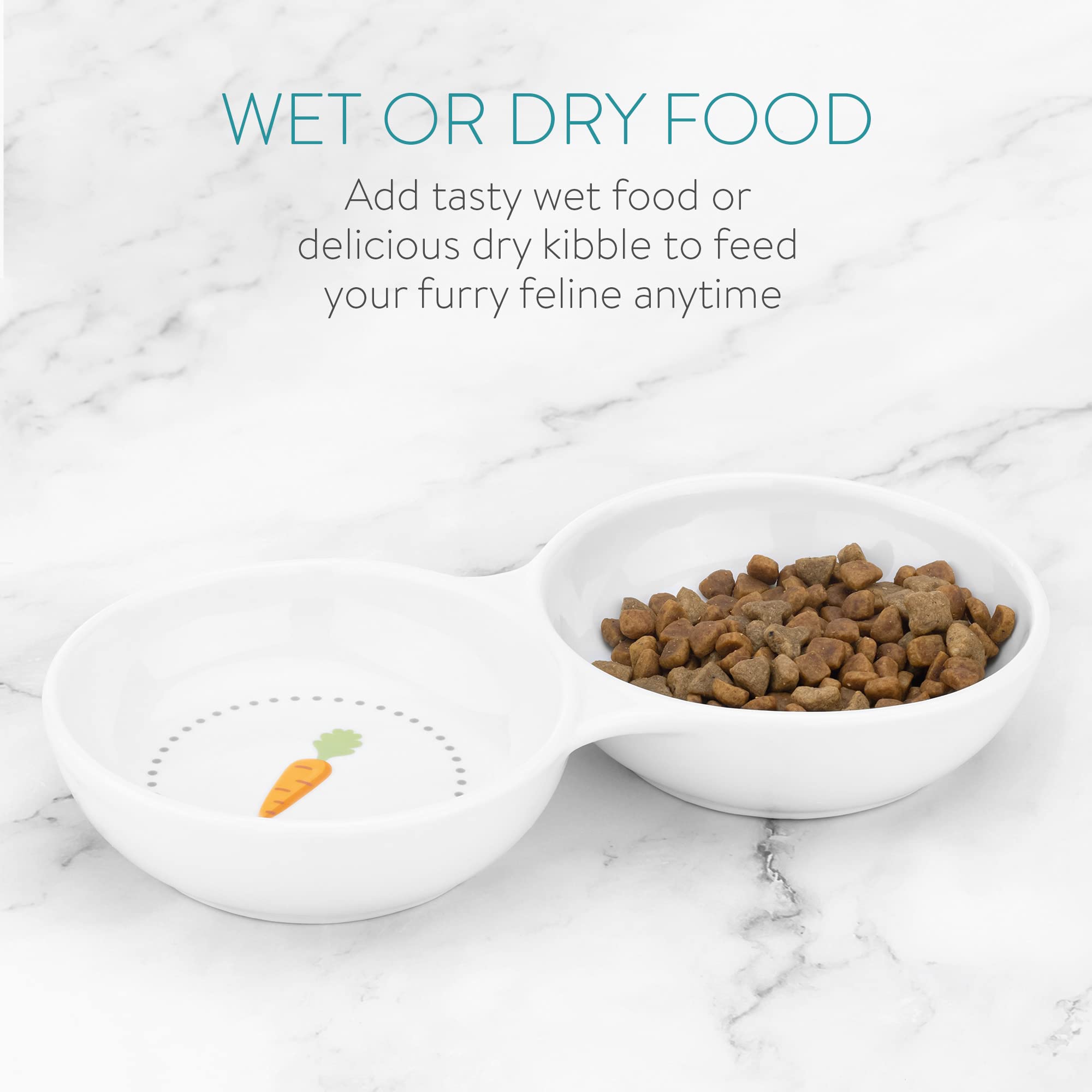Navaris dual feeding bowls for small animals shown with two compartments and cute vegetable design.