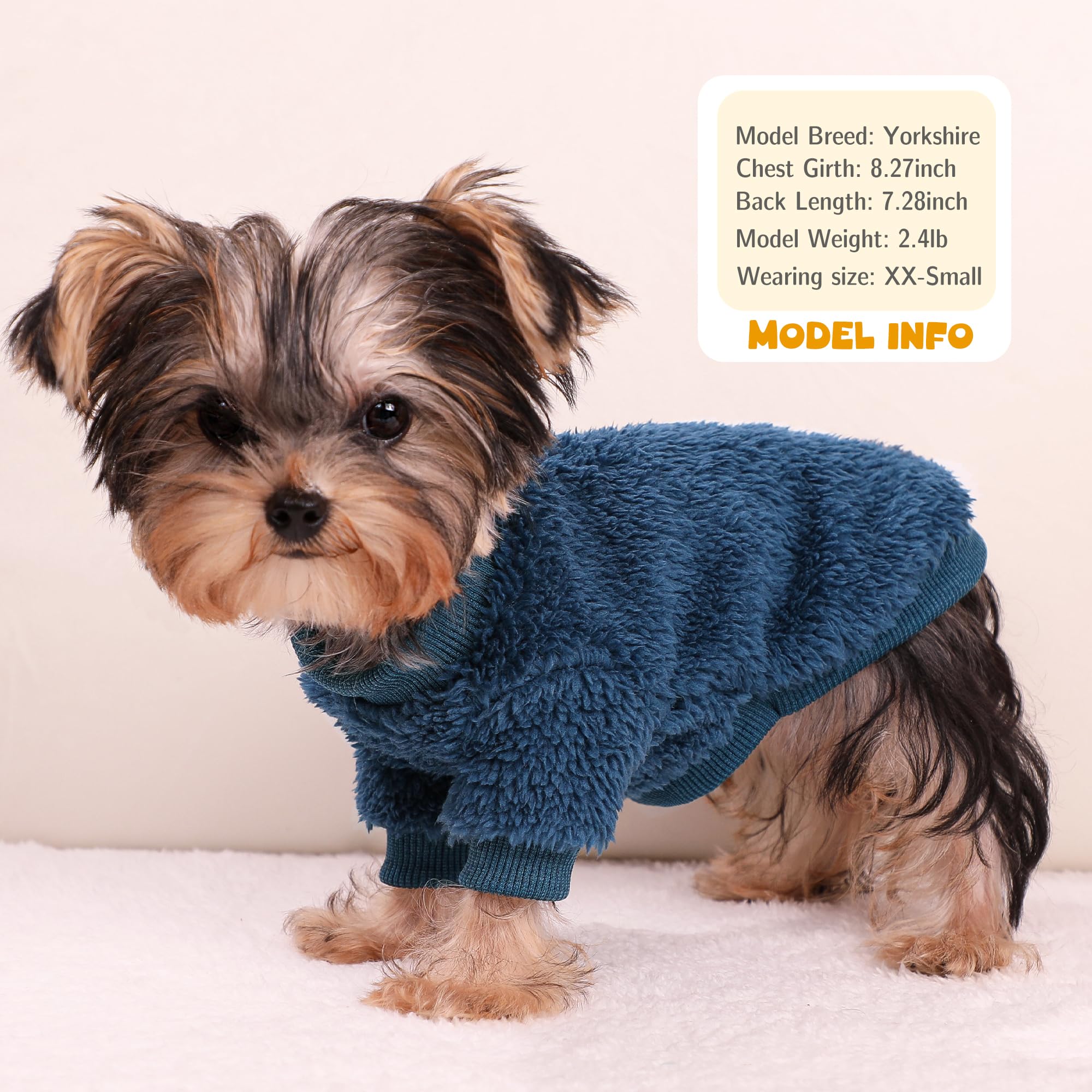 Nave Blue XX-Small Dog Sweater care guide shows fluff retention after washing.