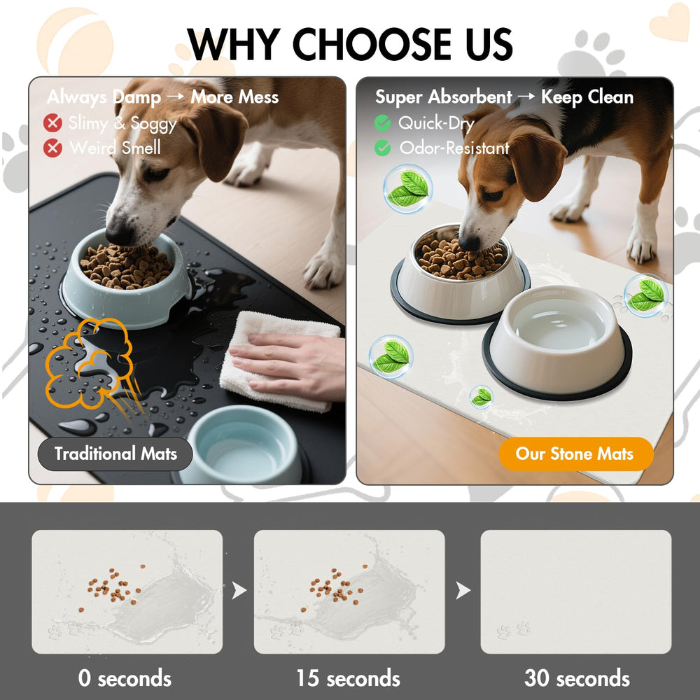 NAVKONY diatomite stone pet feeding mat with non-slip pad keeps bowls stable.
