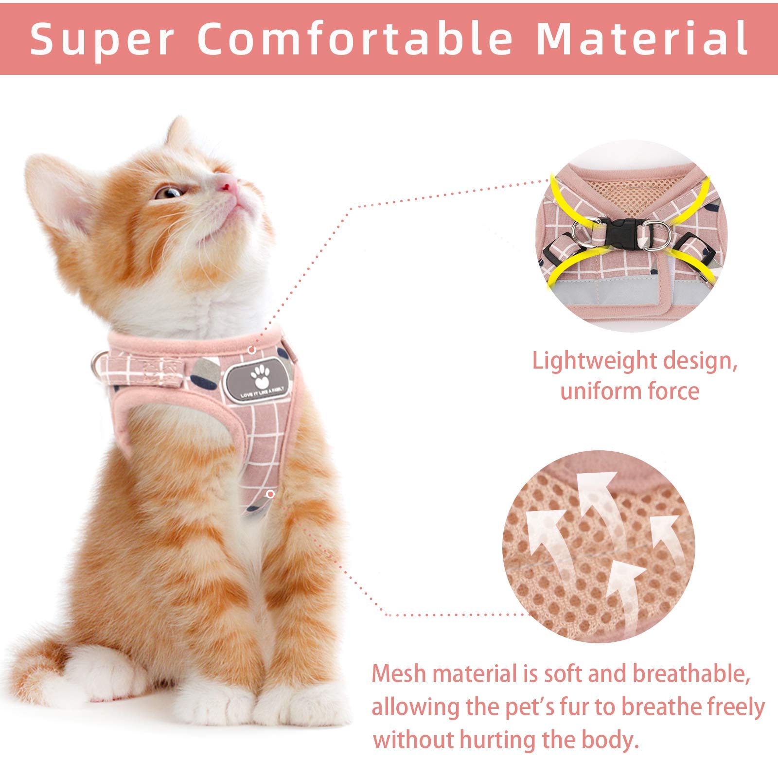 NCMAMA Cat & Dog Vest Harness pink pattern back view with reflective stripe