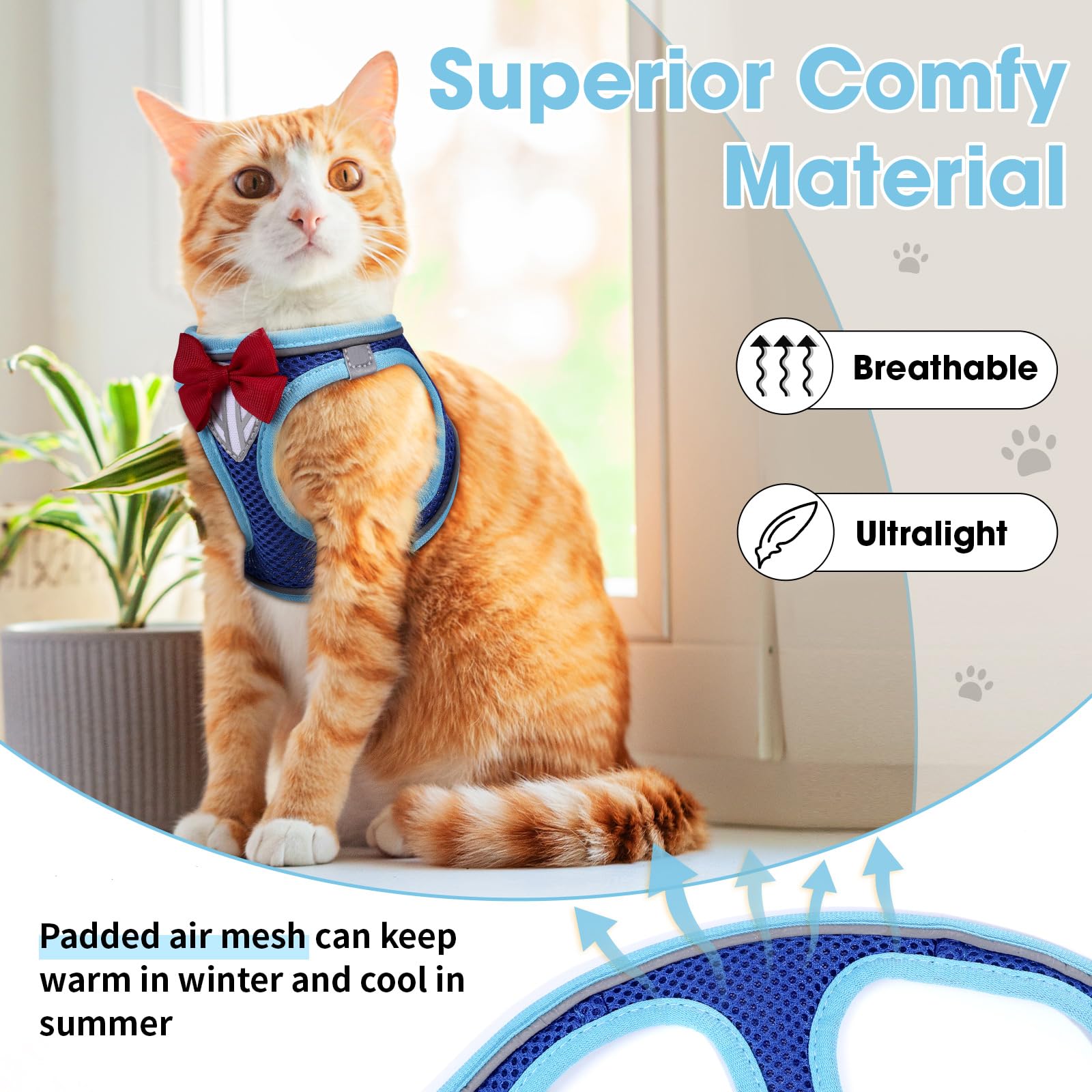 NCMAMA cat harness blue XS bow and glasses design for cute photos.