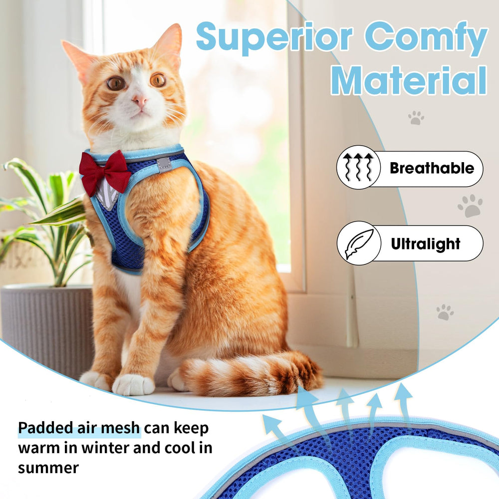 NCMAMA cat harness blue XS bow and glasses design for cute photos.