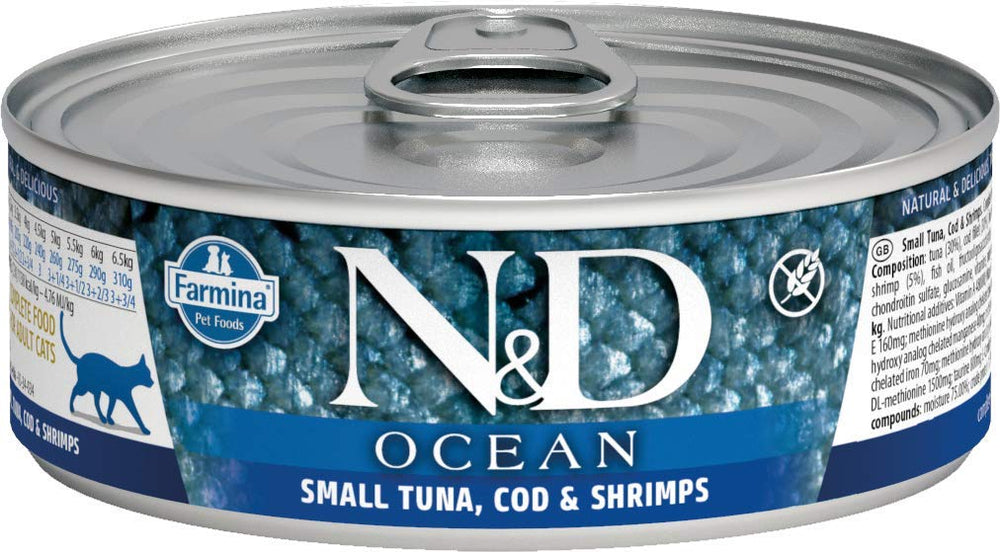 N&D Ocean Cat Tuna Cod & Shrimp can — seafood-forward wet cat food for daily meals.