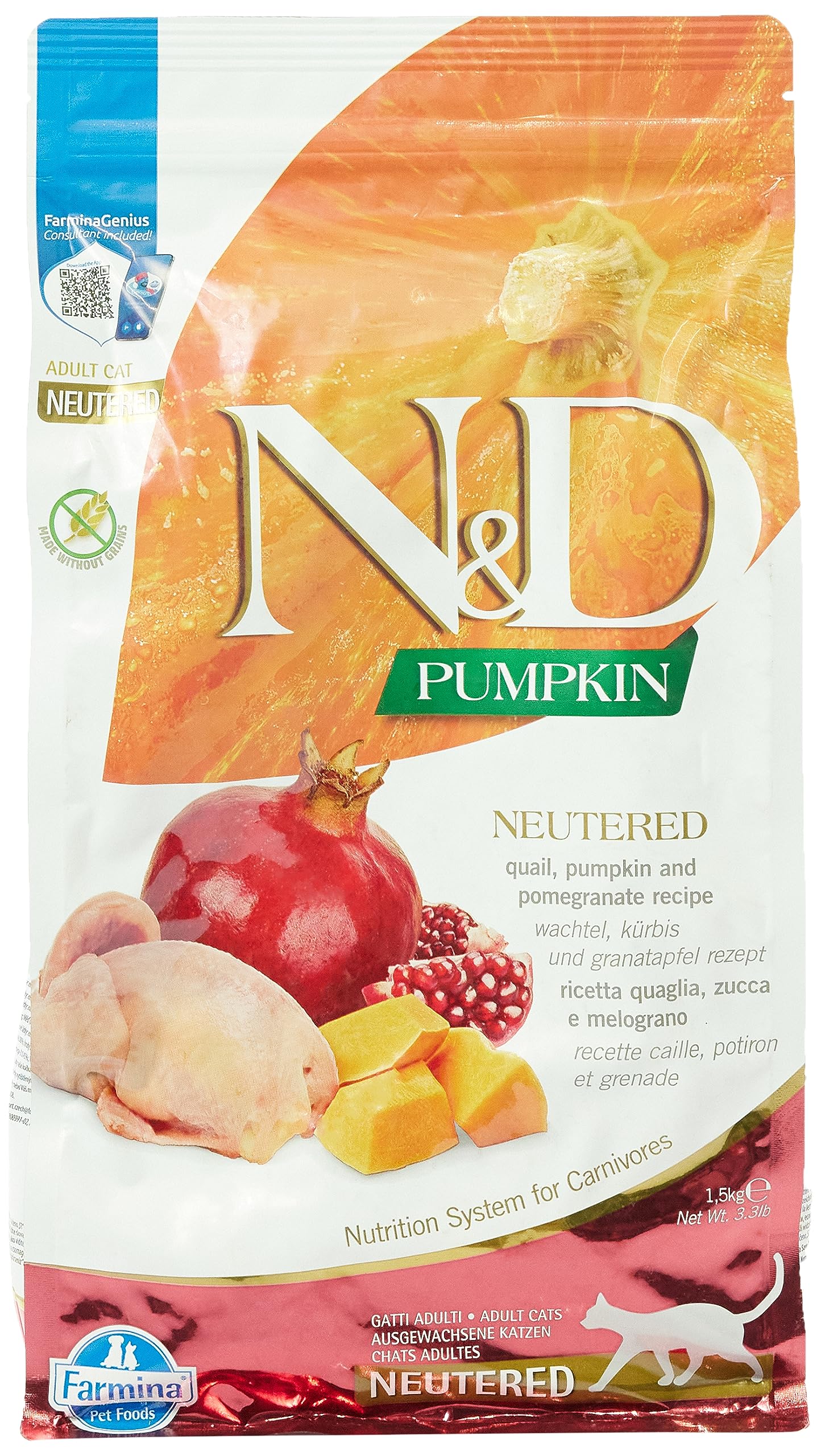 N D Quail and Pomegranate neutered kibble bag highlights high-protein formula for adult cats