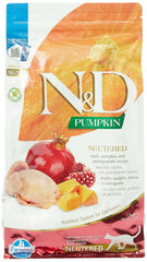 N D Quail and Pomegranate neutered kibble bag highlights high-protein formula for adult cats