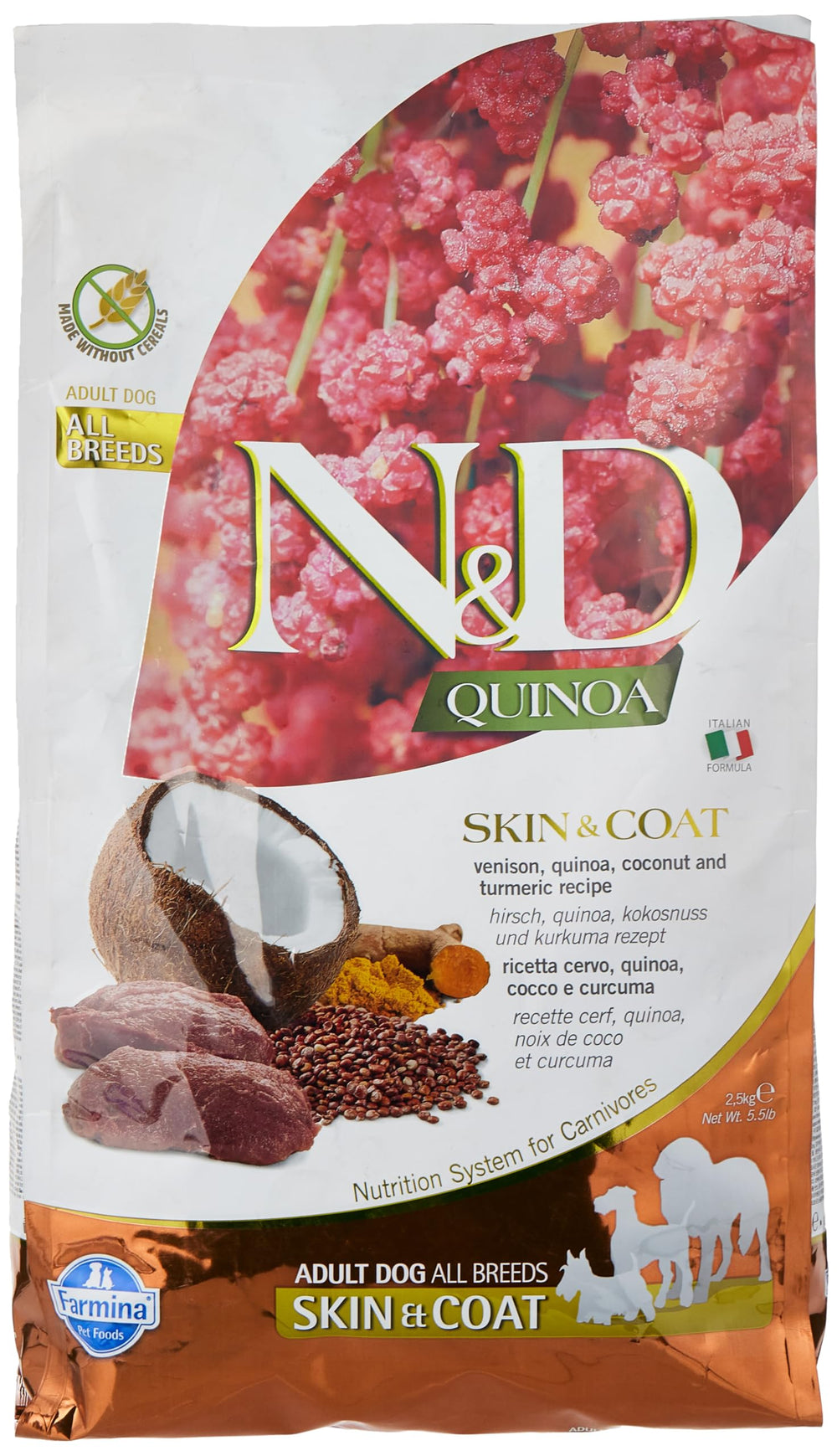 ND Quinoa SKIN&COAT venison dry dog food bag shows natural ingredients for healthy skin and coat.