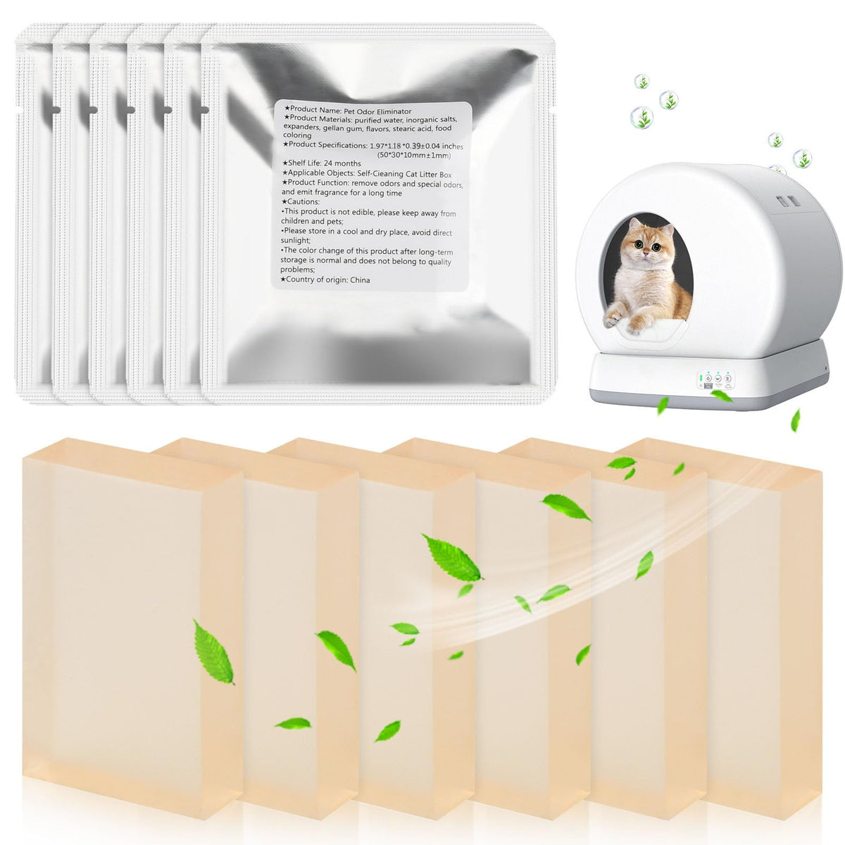 Ndoge Meowant odor eliminator gel pack neutralizes litter box odors.