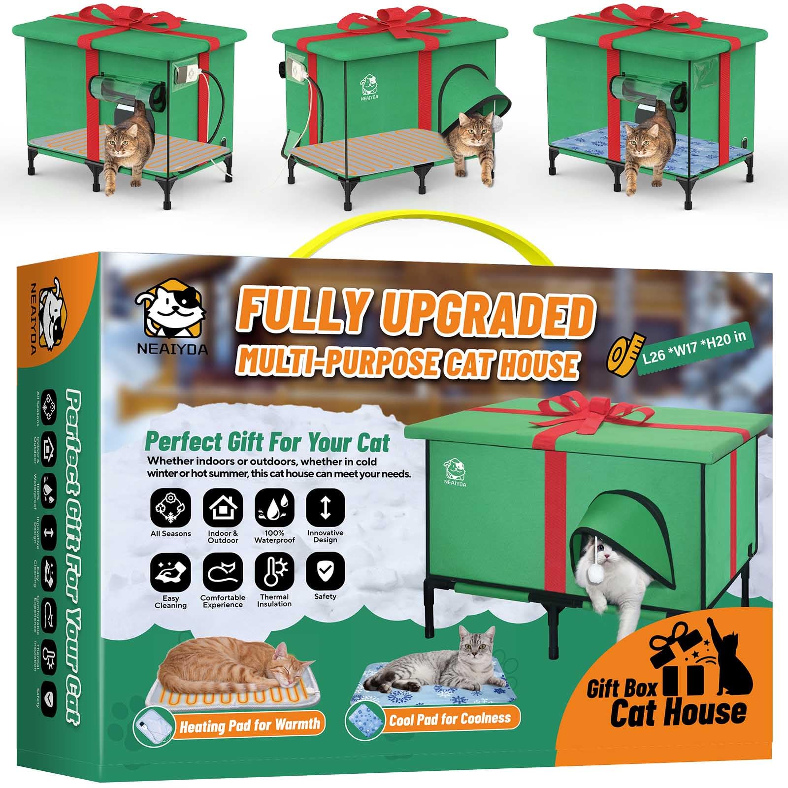 NEAIYDA Outdoor Heated Cat House exterior view showcases weatherproof shelter for all seasons.