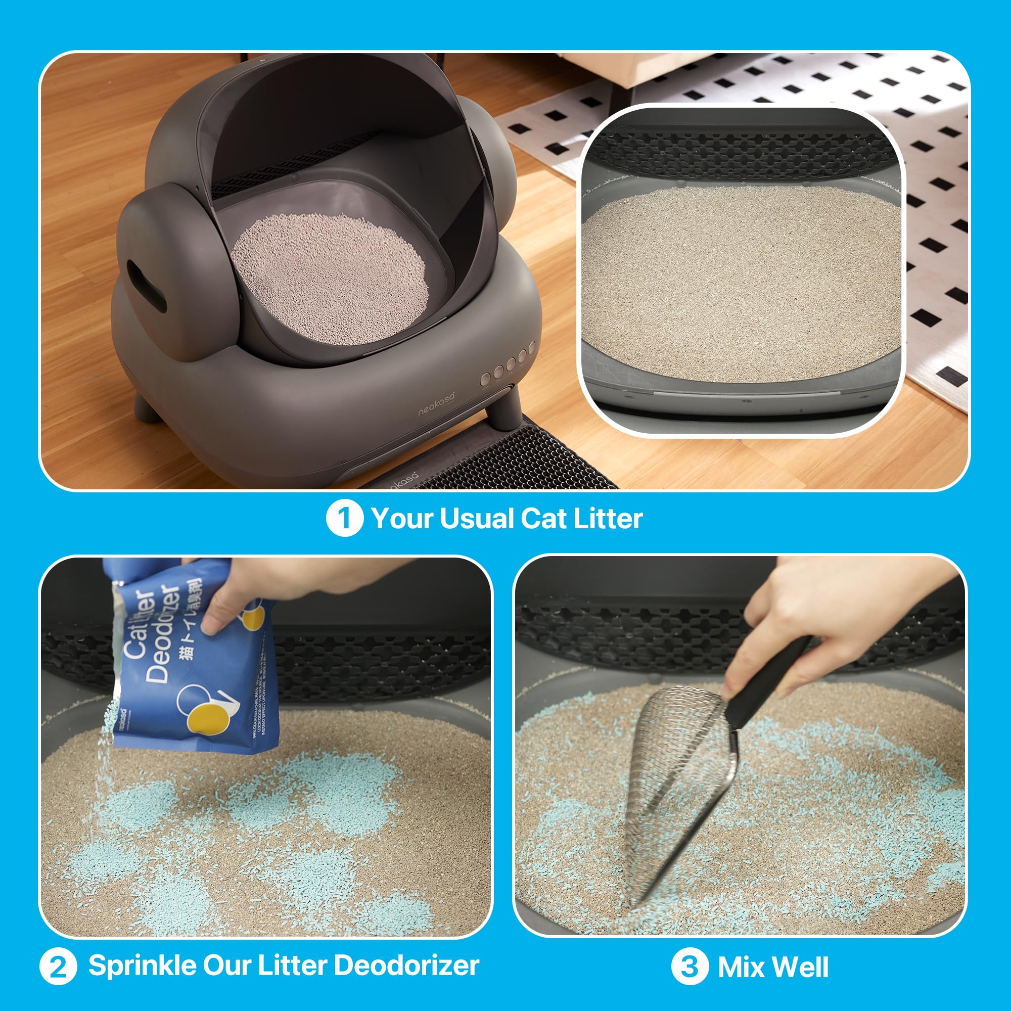 Neakasa cat litter deodorizing granules sprinkled on litter reduce odors daily.