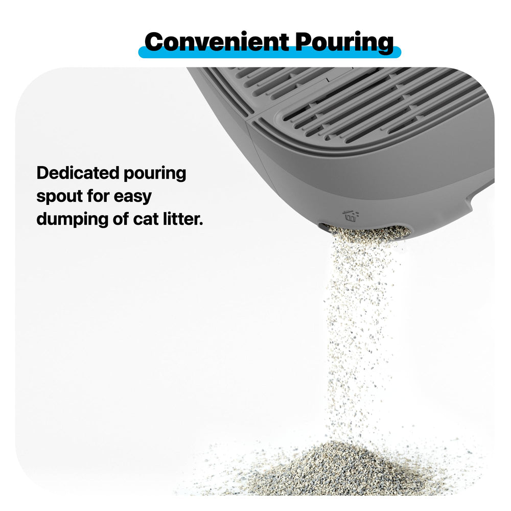 Spout feature on Neakasa stool enables tidy litter pouring for cleanup.