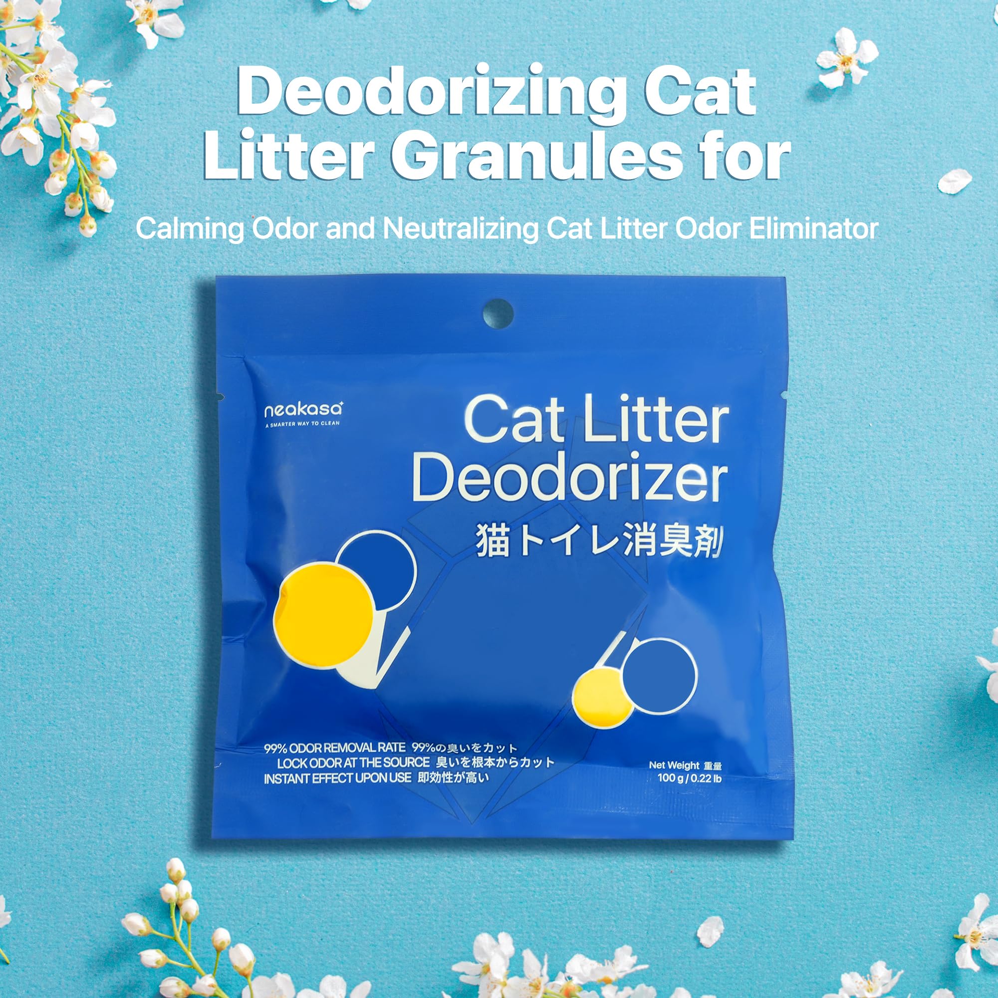 Neakasa Mineral Cat Litter shown with deodorizing granules for ongoing odor control.