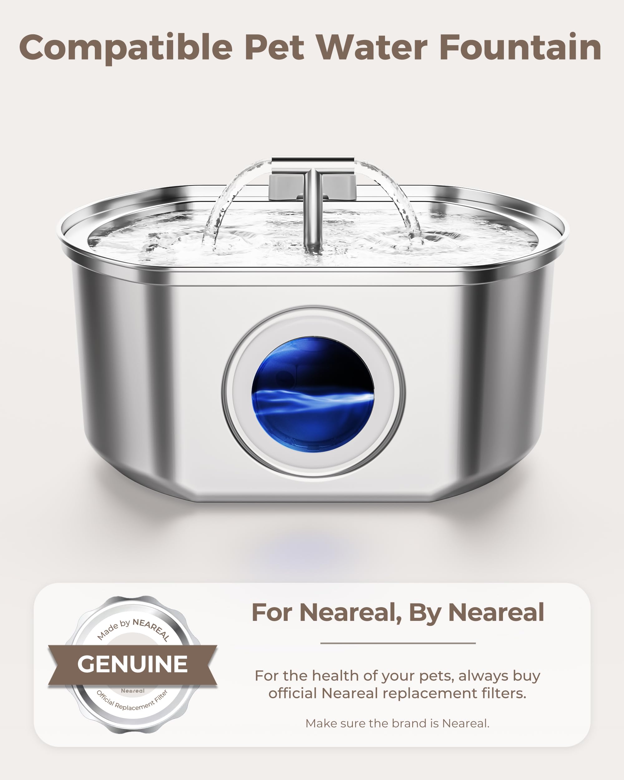 Neareal 108 oz fountain replacement filters - compatible stainless steel pet fountain image.