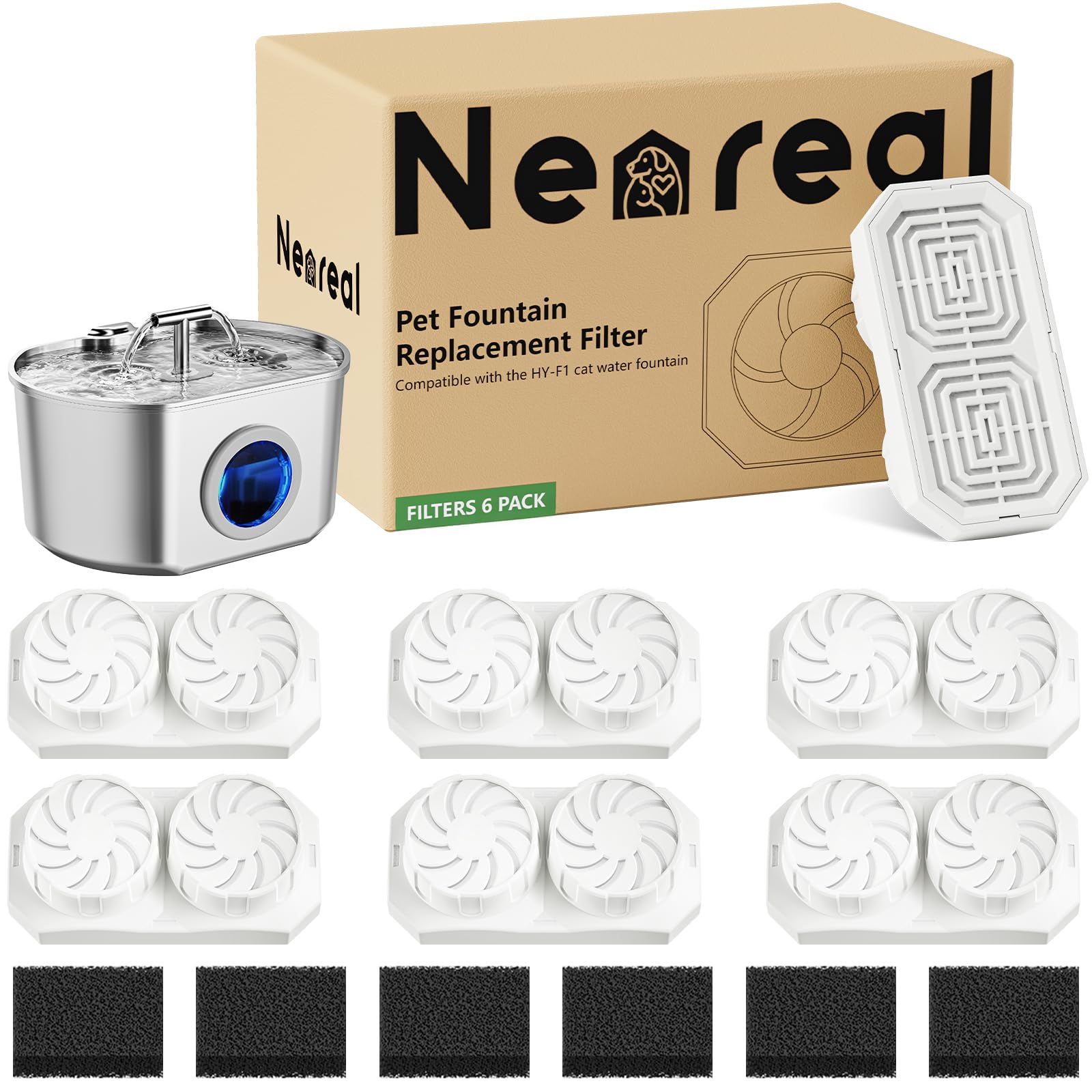 Neareal cat fountain filters 6-pack in-package photo for quick, hygienic hydration support.