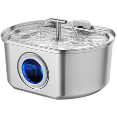 Neareal cat water fountain front view in stainless steel for discreet home placement.