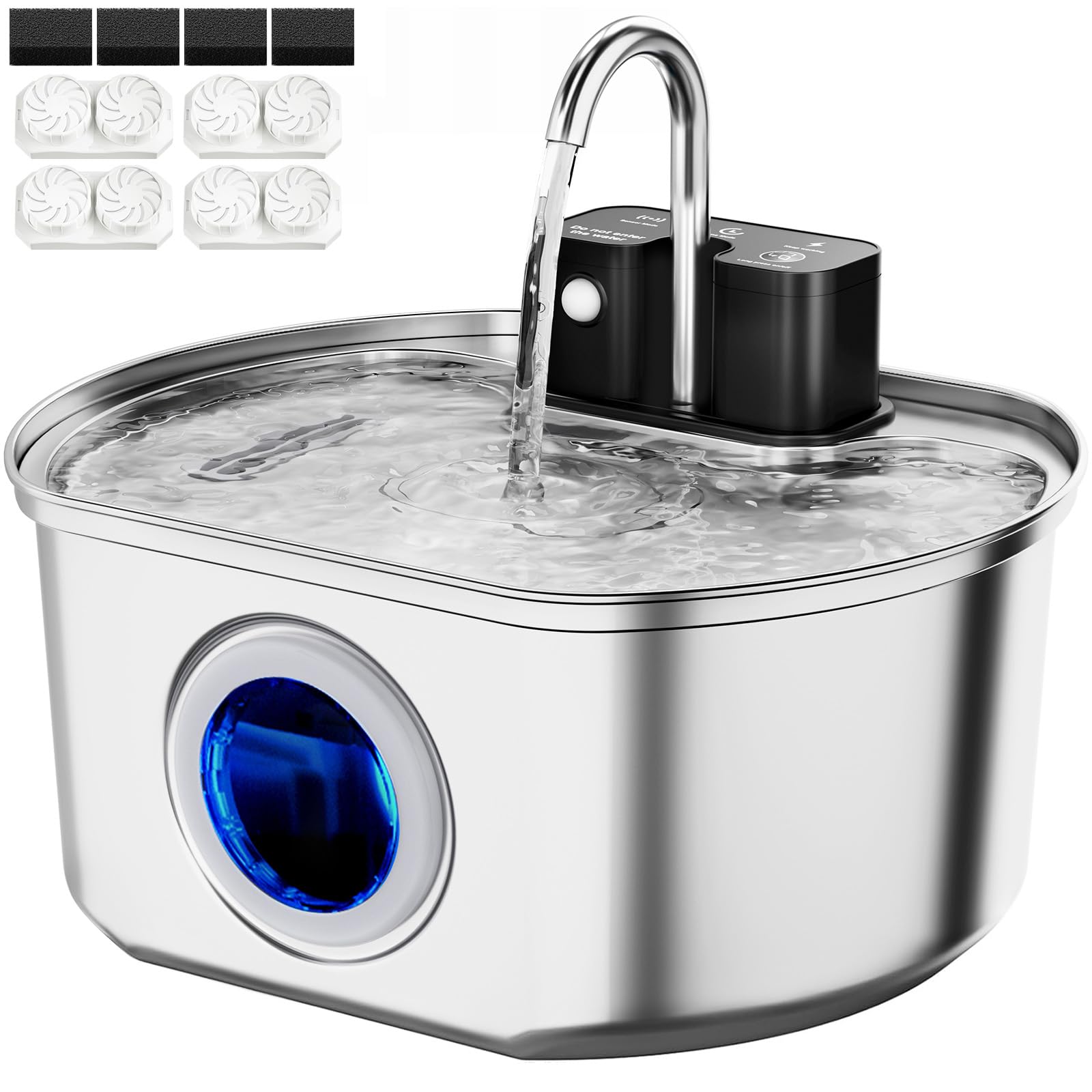 Neareal cat water fountain shows stainless steel battery power enabling cordless hydration.