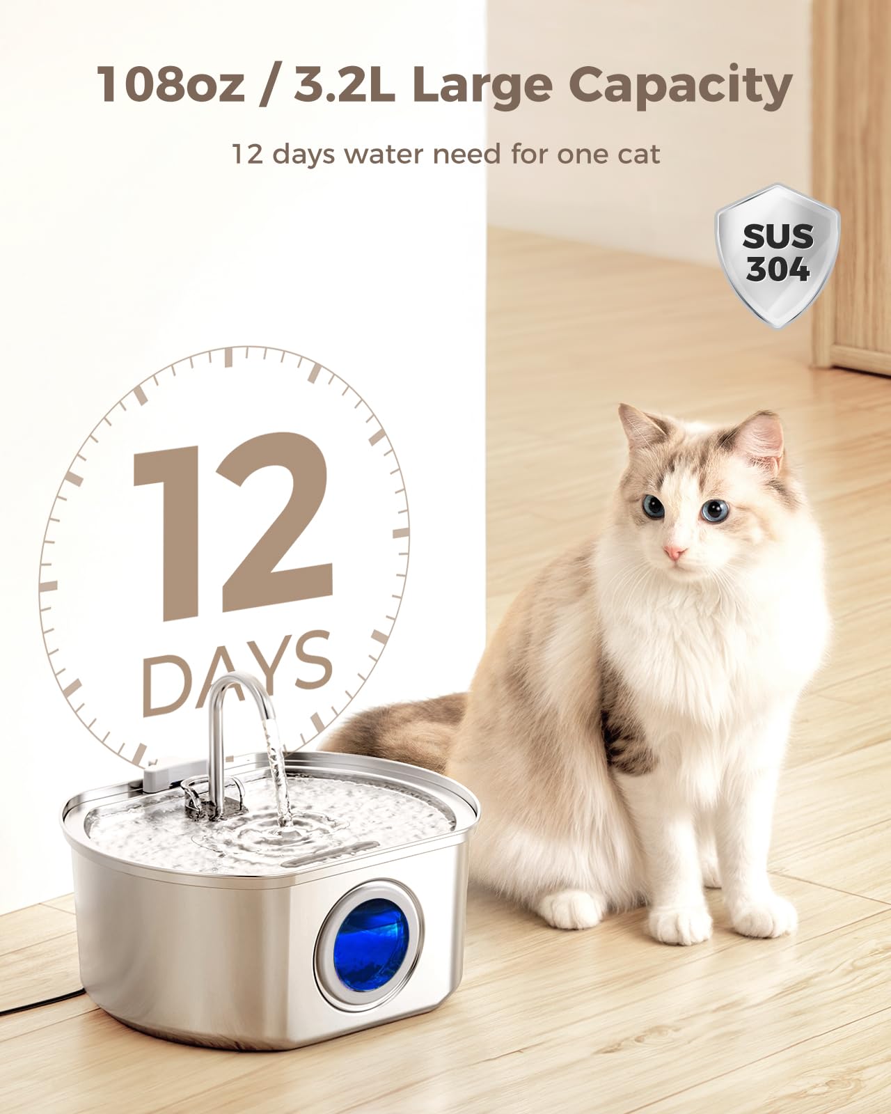 Neareal cat water fountain stainless steel body delivers durable, easy-clean hydration.