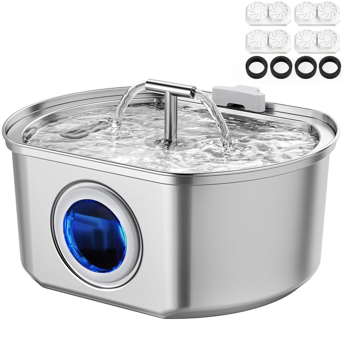 Neareal cat water fountain close-up on stainless steel surface for clean hydration