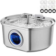 Neareal cat water fountain close-up on stainless steel surface for clean hydration