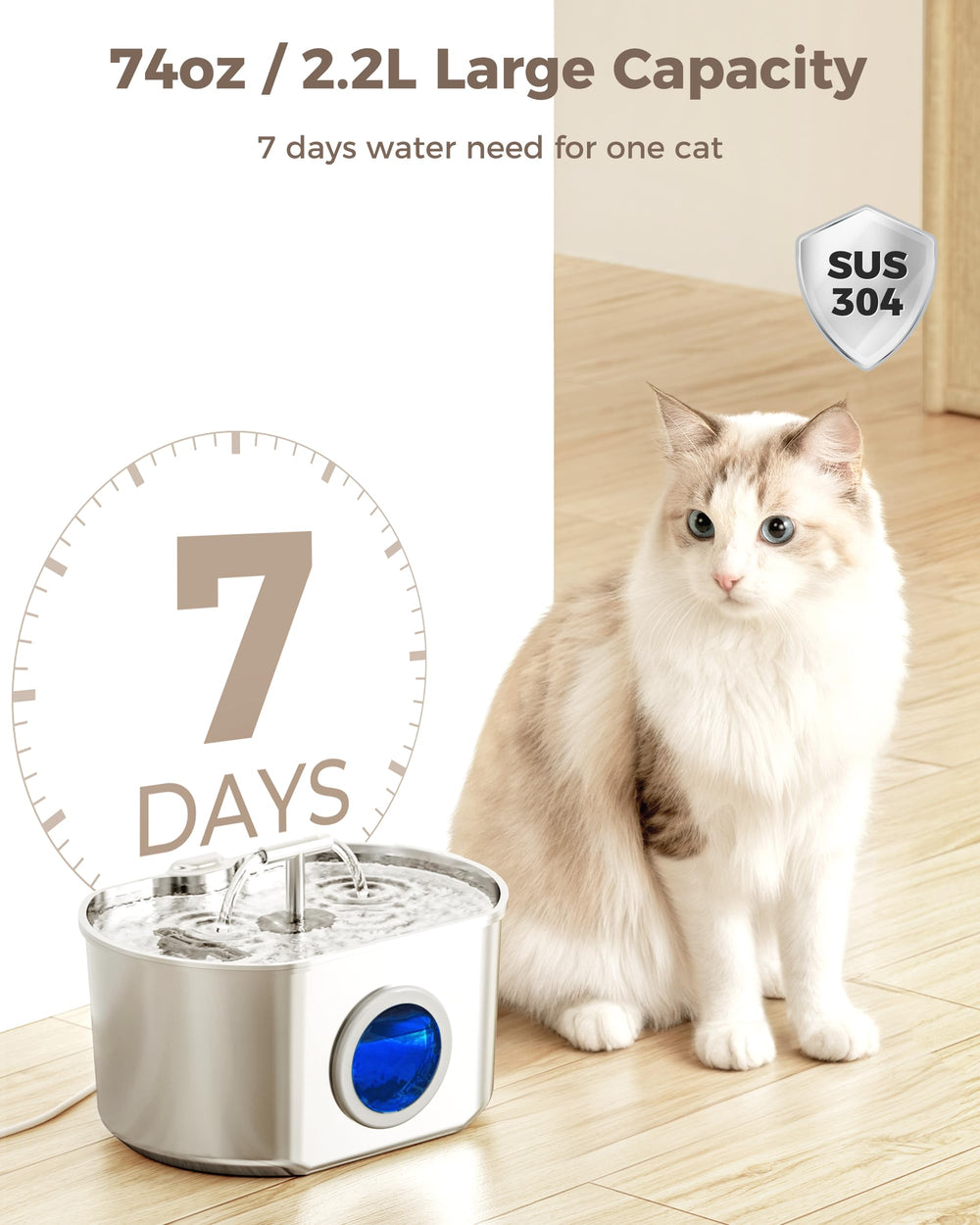Neareal cat fountain stainless-steel design for durable, easy-clean hydration