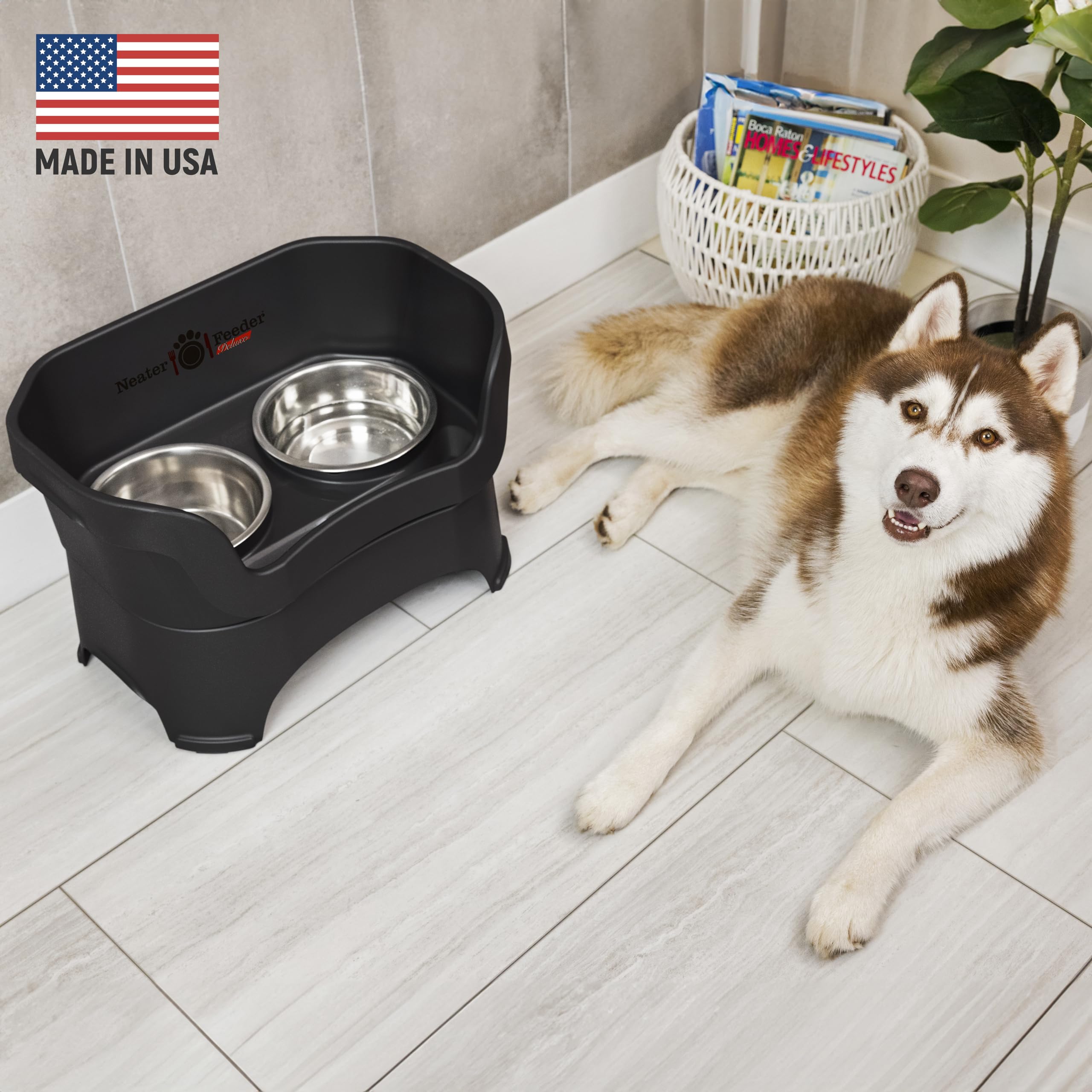 Neater Feeder Deluxe elevated bowls for large dogs reduce neck strain during meals.