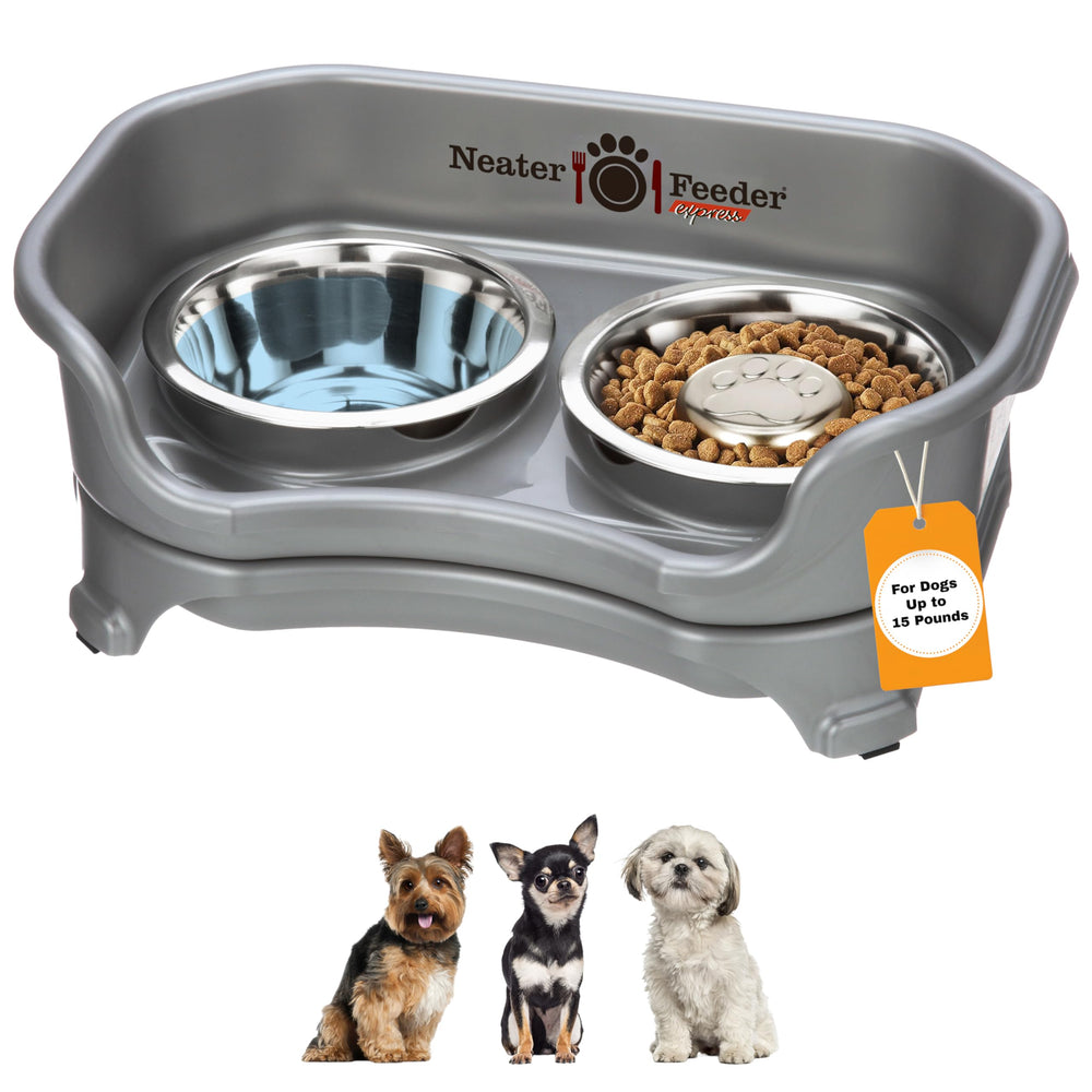 Neater Feeder Express assembled stand demonstrates compact elevated feeding station to keep meals tidy.