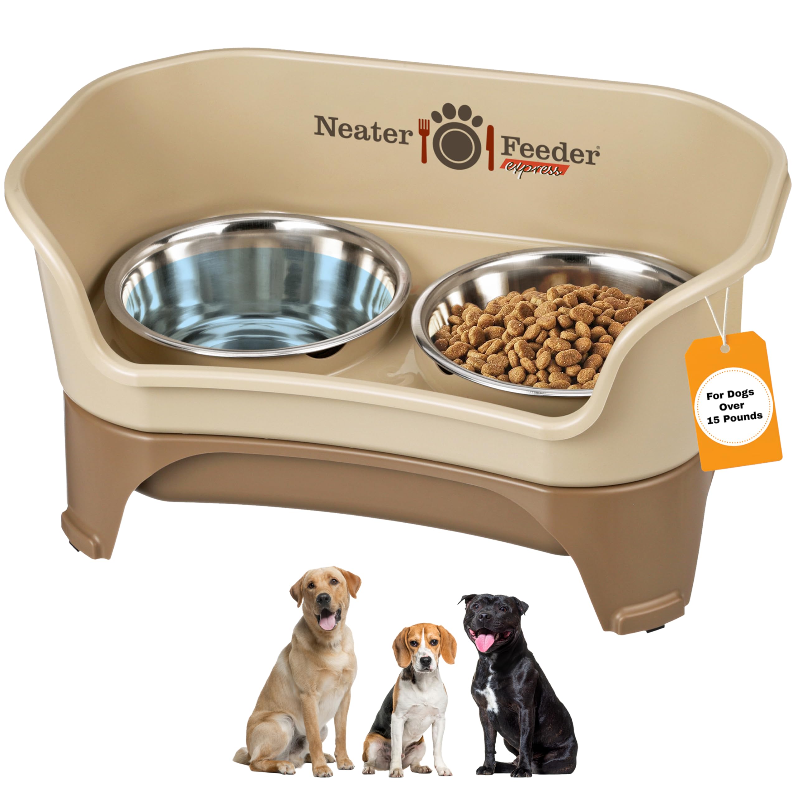 Neater Feeder Express cappuccino top view highlights spill-proof design for tidy feeding areas.